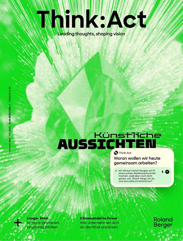 Ein Mock-up des Covers von Think:Act 48 mit dem leuchtend grünen Titelbild, das von dem KI-Künstler Marius Jopen (The Robots) gestaltet wurde. Das Cover präsentiert den Titel „Künstliche Aussichten“ sowie einen offenen Chatbot mit der Frage: „Woran wollen wir gemeinsam arbeiten?“
