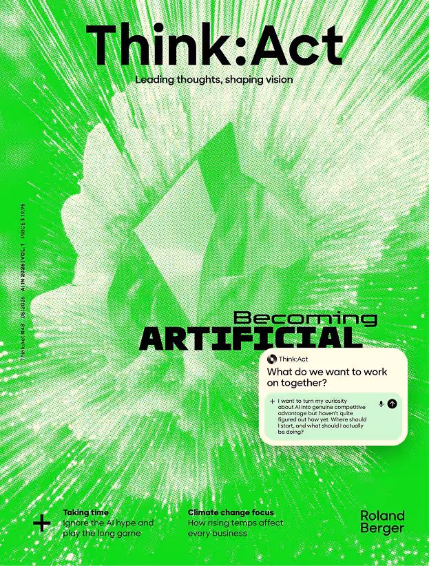 A mockup of the cover of Think:Act 48, with the bright green cover image created by AI artist Marius Jopen/The Robots. The cover showcases the title “Becoming Artificial” with an open chatbot asking: “What do we want to work on together?”