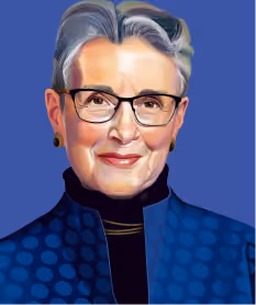 A portrait illustration of Teresa Amabile. She has short grey hair and black-rimmed glasses. She wears a black turtleneck and a blue polka-dot jacket against a solid blue background.