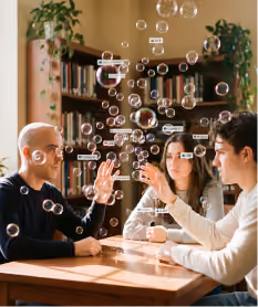 Three people gaze intently at a cluster of floating iridescent bubbles mixed with digital social media notification tags, such as 'like' and 'comment', suspended in mid-air in a library.
