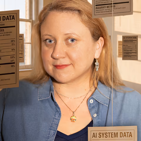 Margaret Mitchell, leitende Forscherin und Chief Ethics Scientist bei Hugging Face, umgeben von stilisierten „AI System Data“-Etiketten.