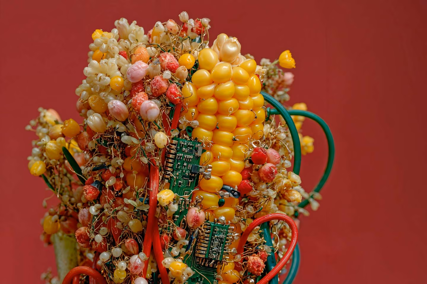 Eine skulpturale Anordnung aus Mais, Beeren und Blüten mit eingearbeiteten Leiterplatten und Schläuchen als Sinnbild für die Verbindung von Landwirtschaft und Technologie.