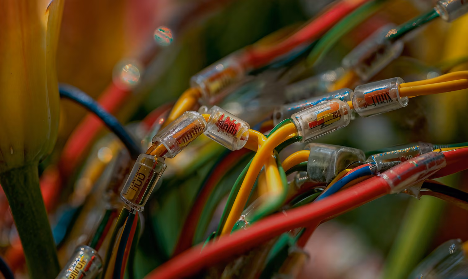 Verschlungene bunte Kabel mit kapselförmigen Verbindern als Sinnbild für digitale Netzwerke und technologische Komplexität.