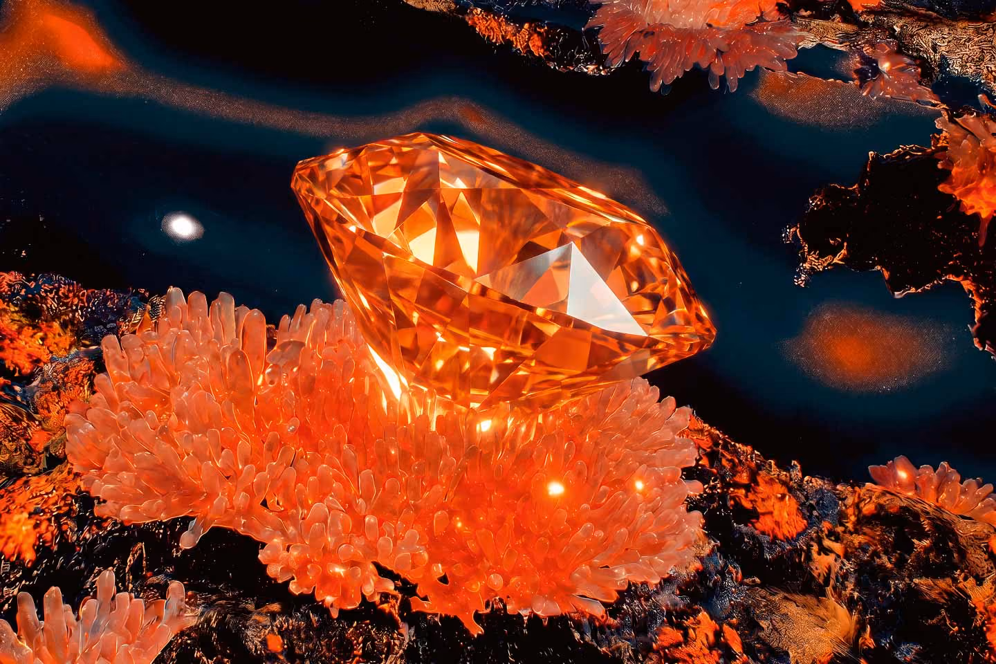 KI-generiertes Artwork eines facettierten Diamanten auf leuchtenden, korallenartigen Strukturen als Sinnbild für sorgsam bewahrte Integrität.