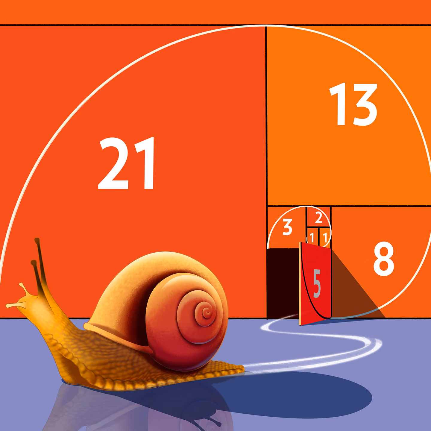 Illustration of a snail beside a golden spiral built from the Fibonacci sequence (1, 1, 2, 3, 5, 8, 13, 21).