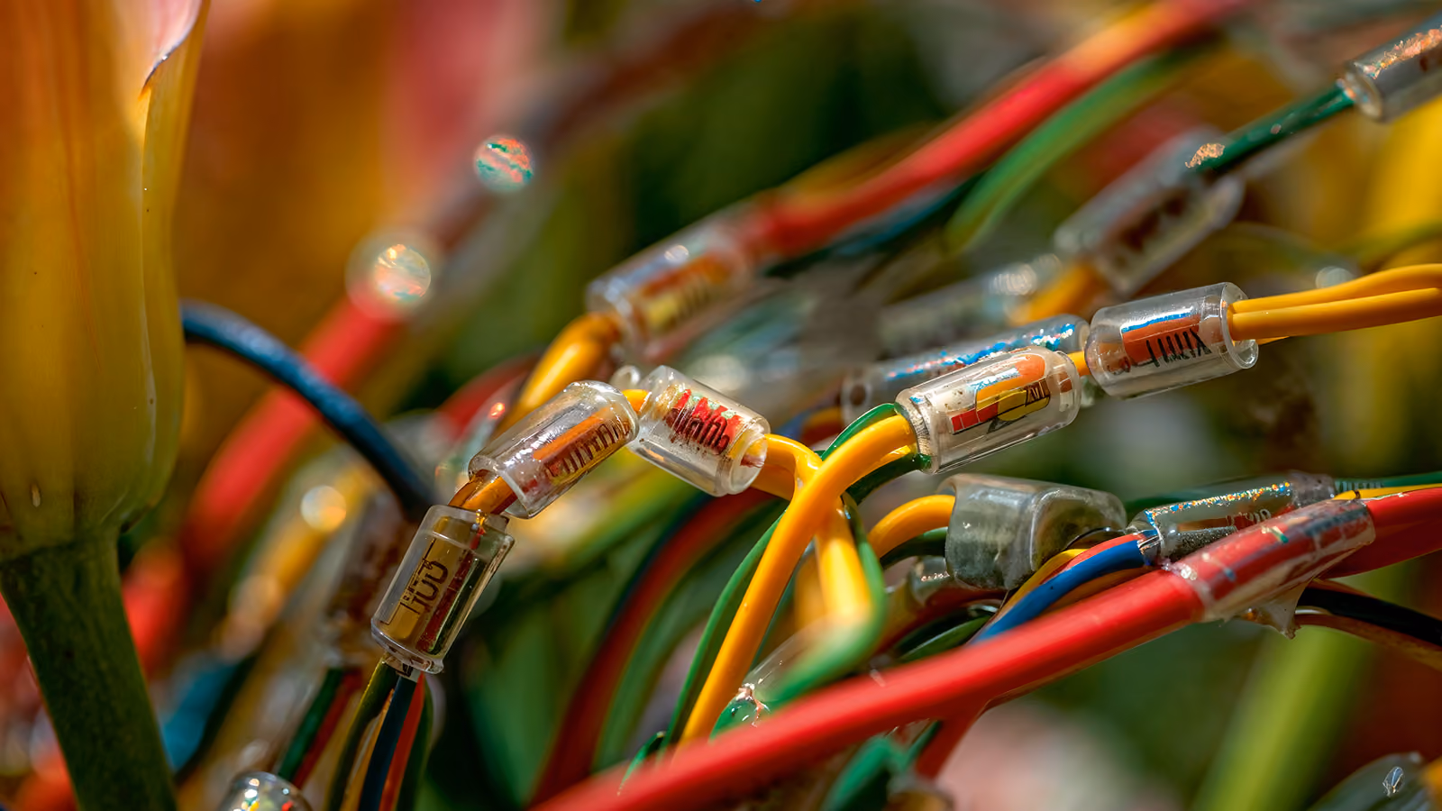 Verschlungene bunte Kabel mit kapselförmigen Verbindern als Sinnbild für digitale Netzwerke und technologische Komplexität.