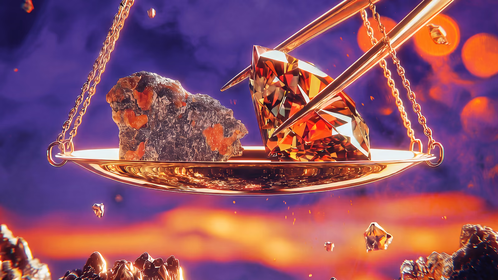 KI-generiertes Artwork eines Rohsteins und eines geschliffenen Diamanten auf einer Waagschale als Sinnbild für das Abwägen von Werten und Urteilsvermögen.
