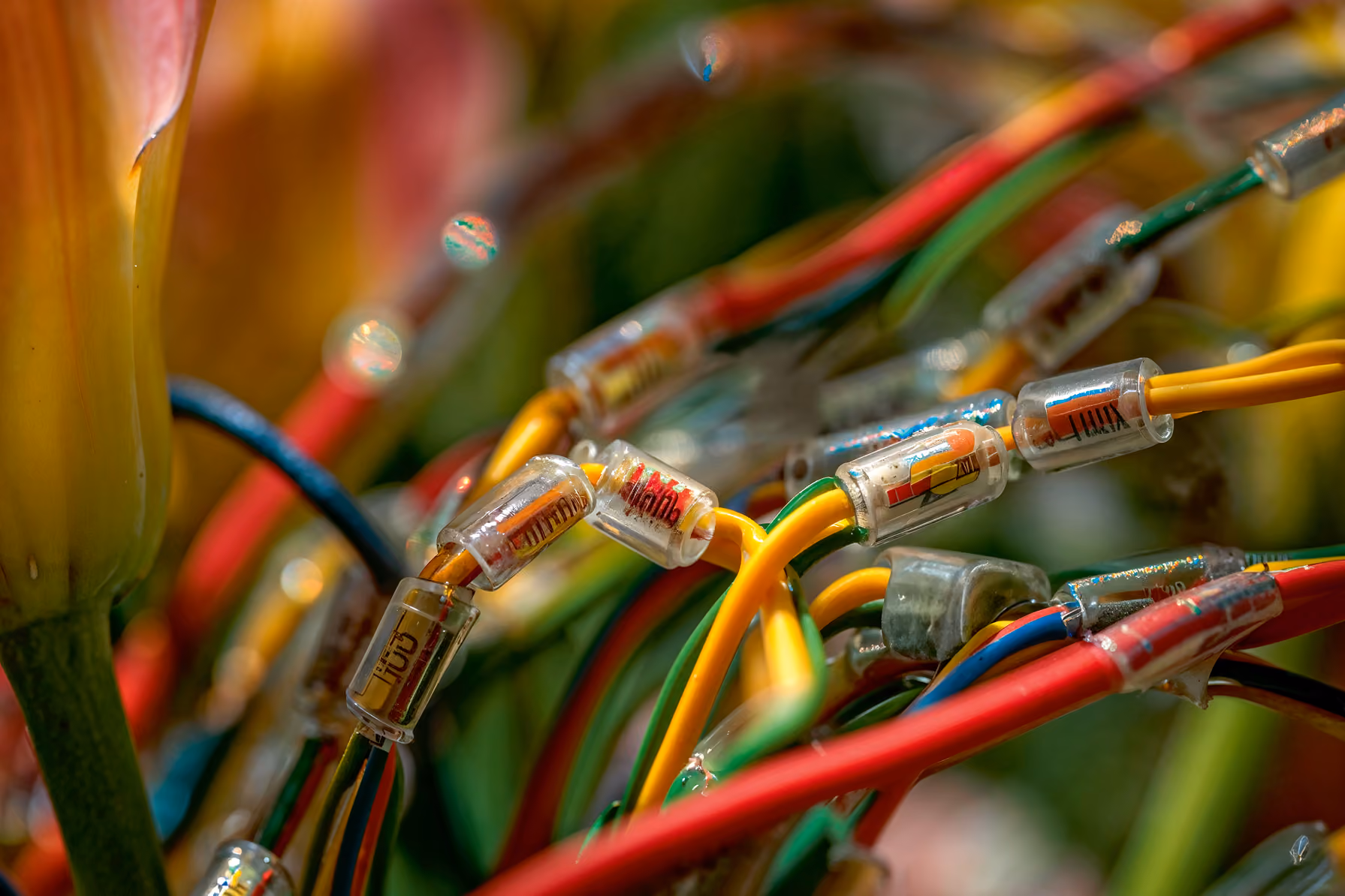 Tangled colorful wires with capsule connectors, symbolizing digital networks and technological complexity.