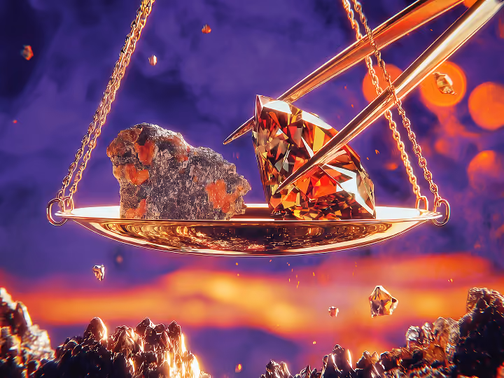 AI-generated artwork of a raw rock and a polished diamond balanced on a scale, symbolizing weighing values and judgment.