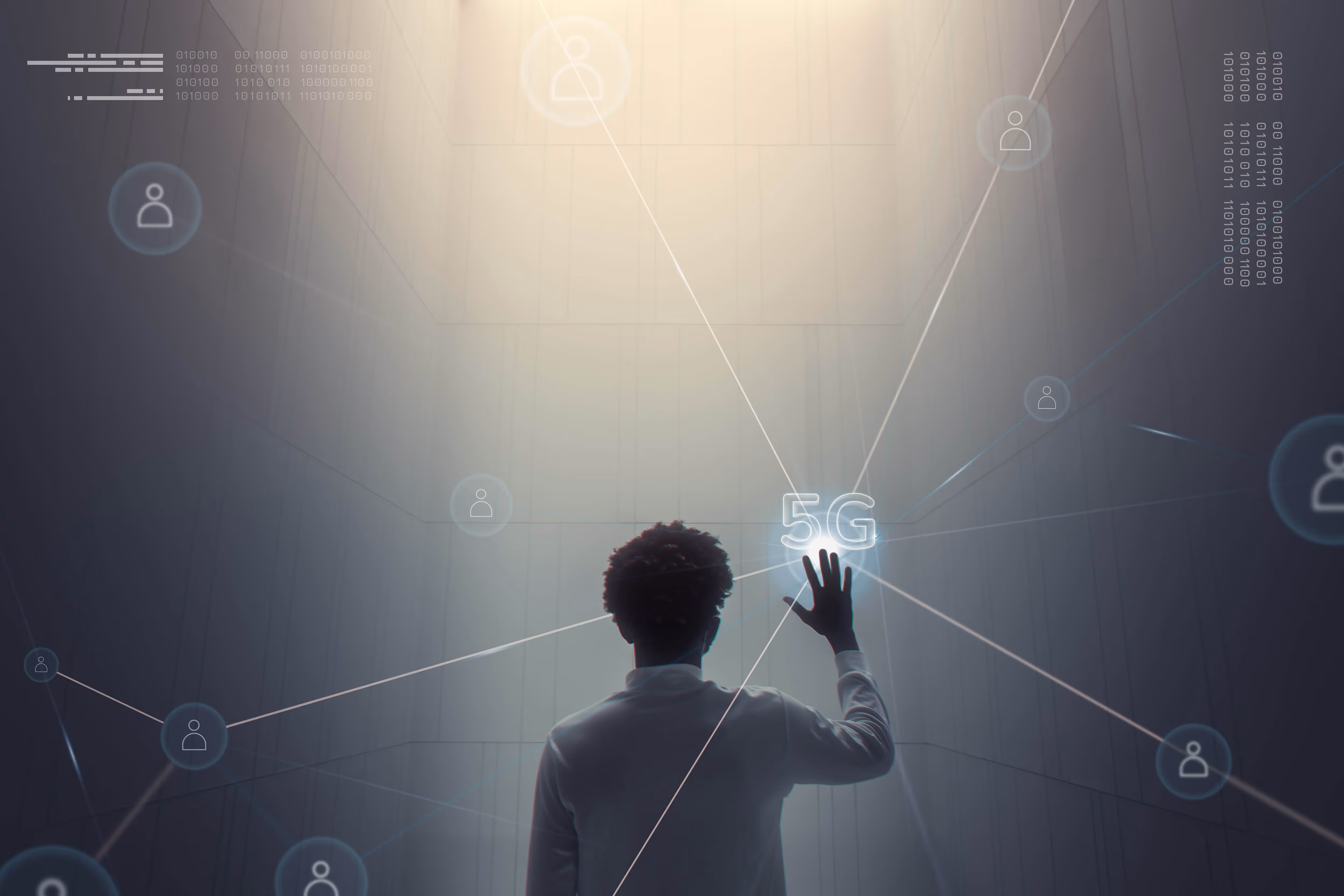 5g connection technology background with man using futuristic virtual screen