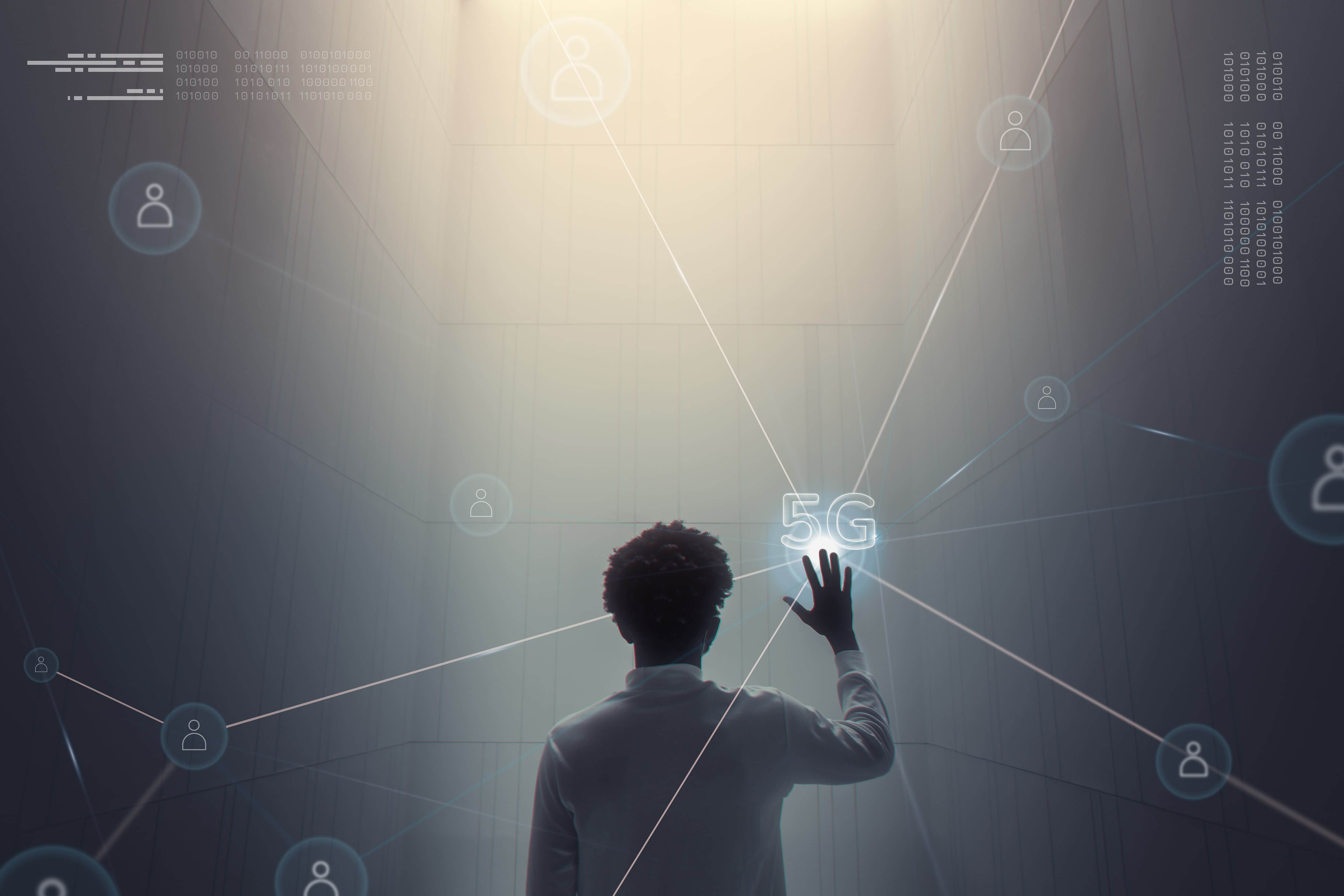 5g connection technology background with man using futuristic virtual screen