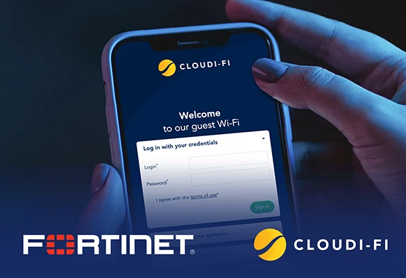 Fortigate and Cloudi-Fi logos with captive portal on phone in the background. 
