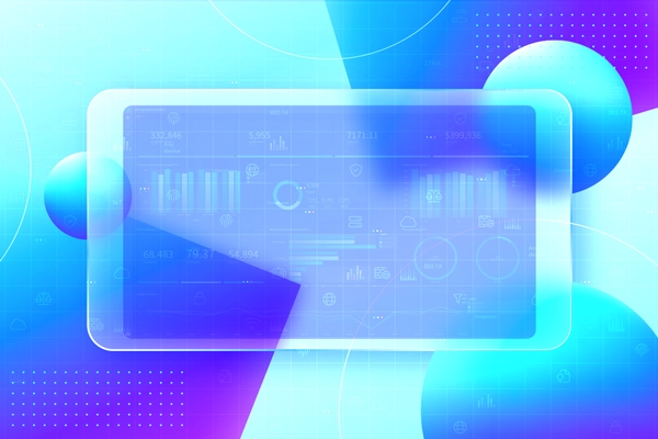 Abstract futuristic digital dashboard interface with charts and data visualizations displayed