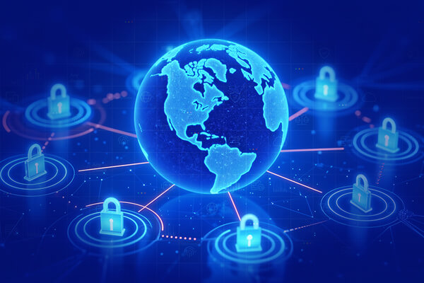 Global cybersecurity network with digital locks surrounding a connected world map.