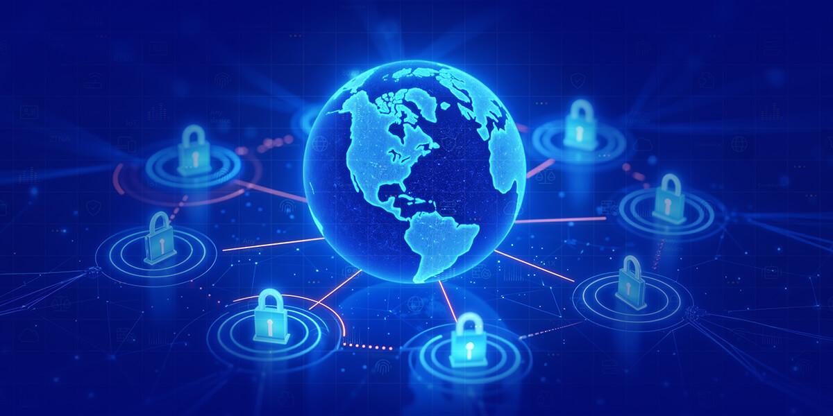 Global cybersecurity network with digital locks surrounding a connected world map.