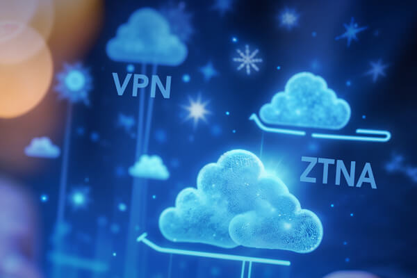 Person holding a smartphone with holographic cloud icons labeled “VPN” and “ZTNA” floating above the screen, representing secure remote access technologies.