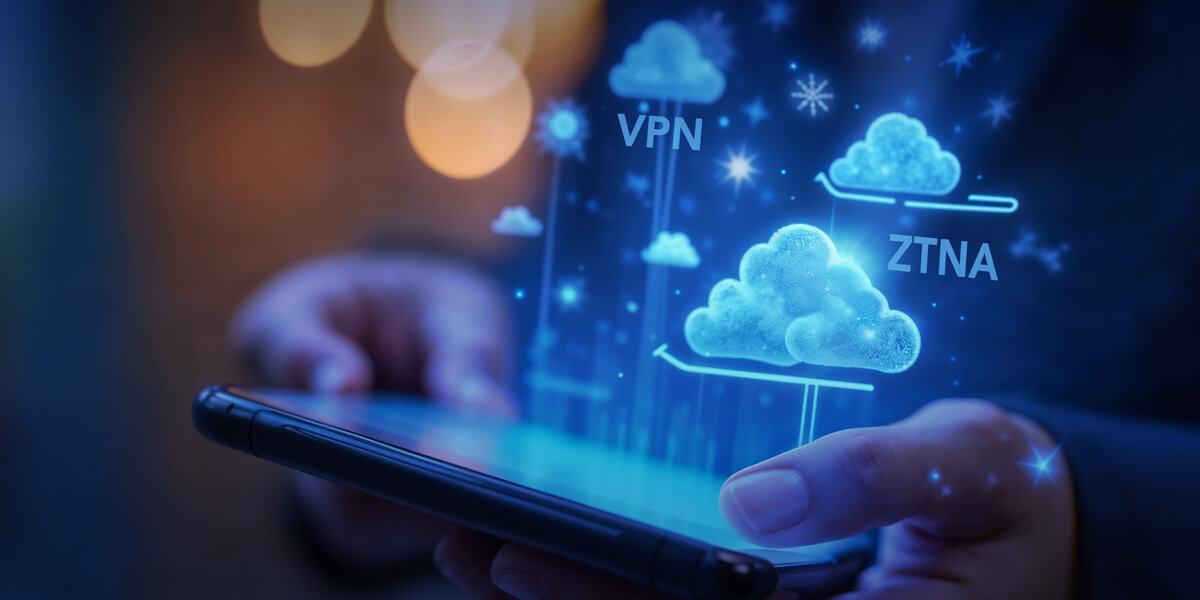 Person holding a smartphone with holographic cloud icons labeled “VPN” and “ZTNA” floating above the screen, representing secure remote access technologies.