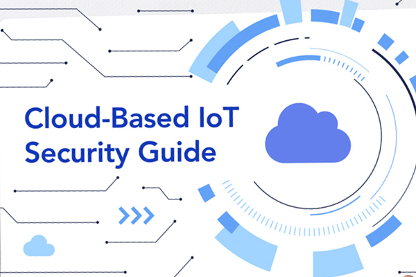 Cloud-based IoT security guide displayed on a tablet, featuring a cloud icon and digital network connections representing enterprise IoT protection and cybersecurity.