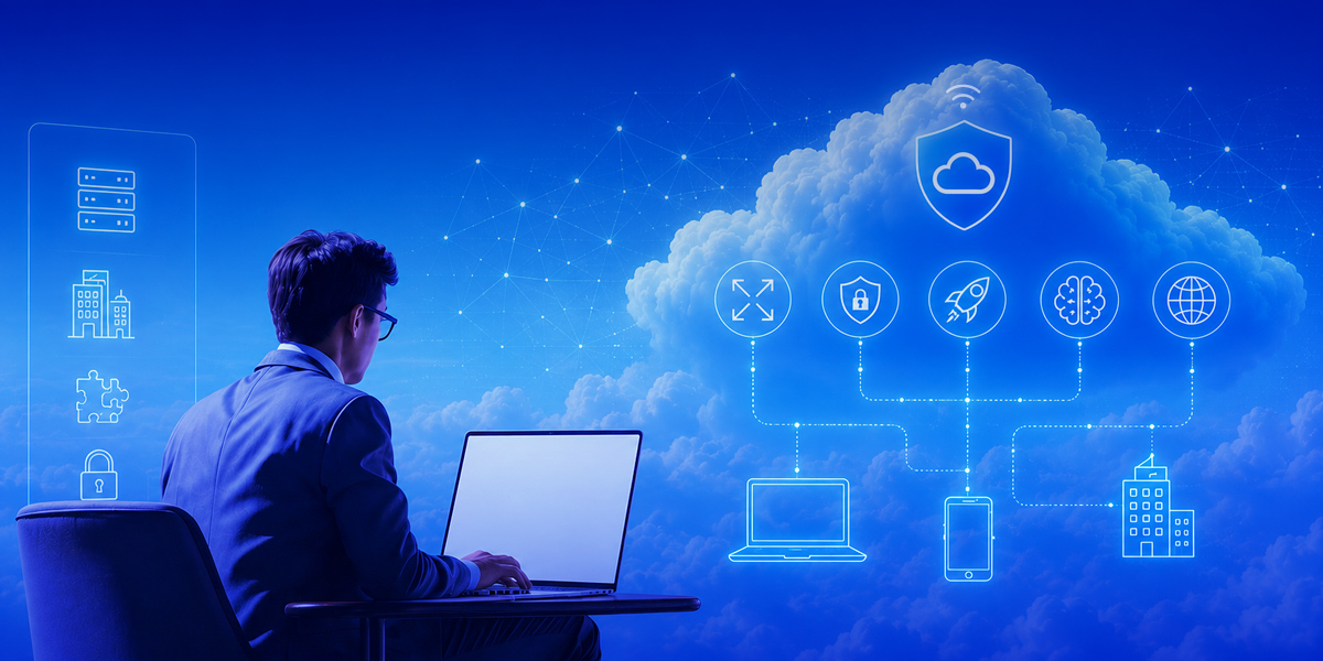 man looking at computer screen with blue background