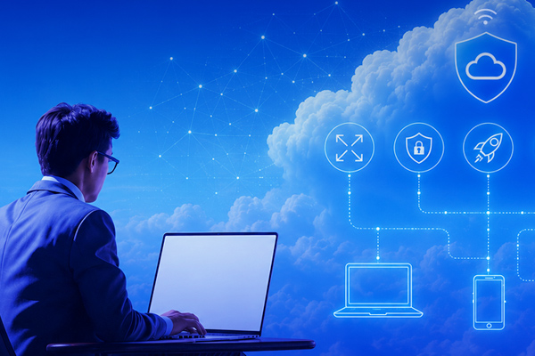 man looking at computer screen with blue background