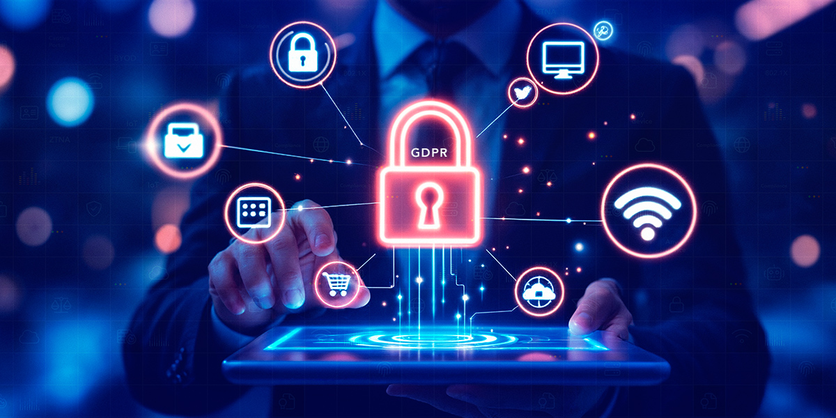 red lock in the middle of a blue network background