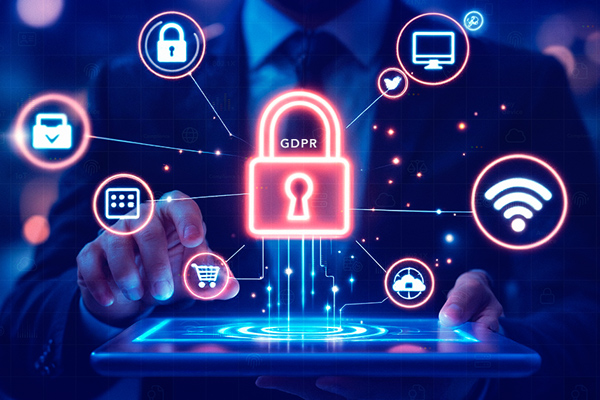 red lock in the middle of a blue network background