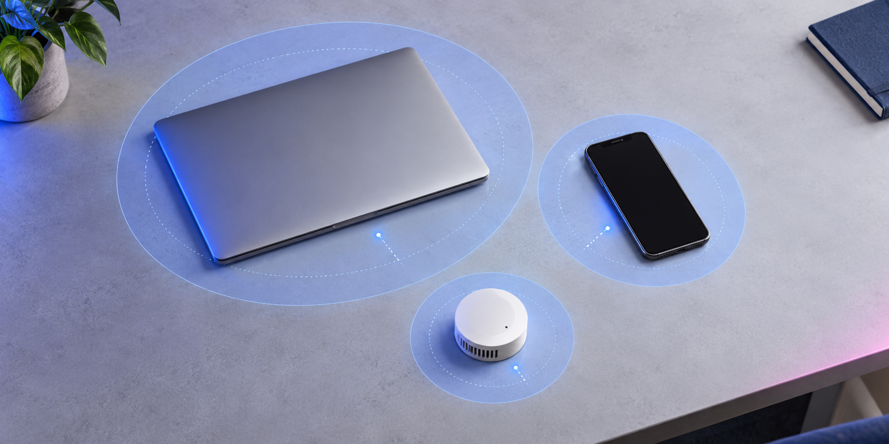a laptop, phone, and sensor in separate access zones, with blue lighting and a pink accent.