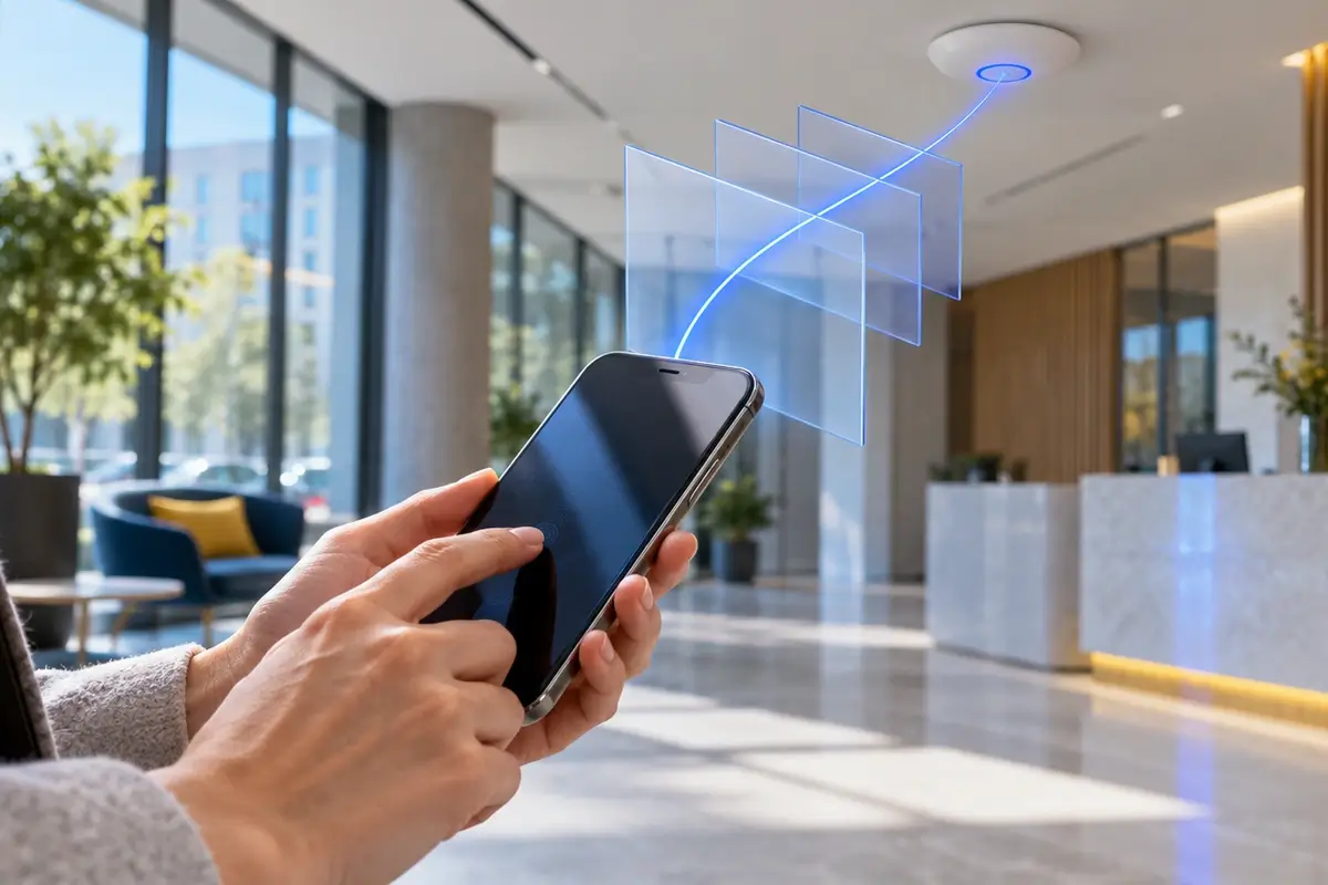 Guest using a smartphone in an office reception, with a blue connection passing through translucent protection layers toward a Wi‑Fi access point.