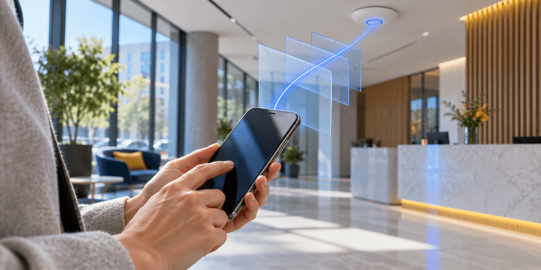 Guest using a smartphone in an office reception, with a blue connection passing through translucent protection layers toward a Wi‑Fi access point.
