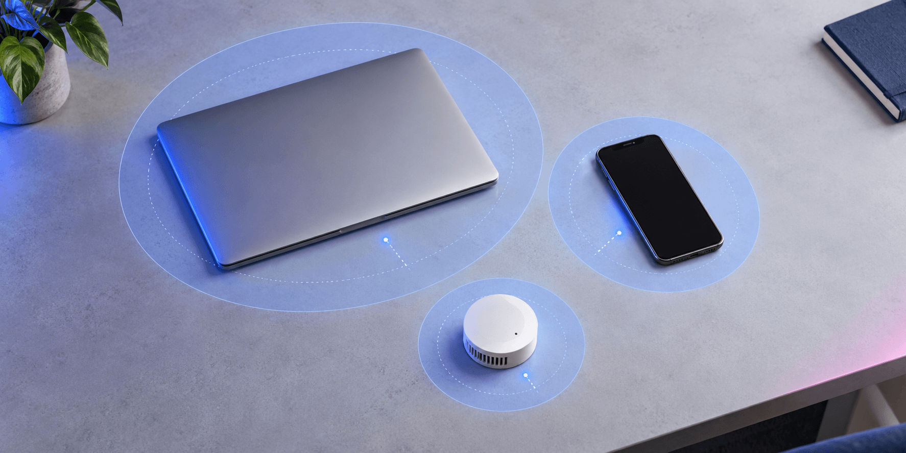 a laptop, phone, and sensor in separate access zones, with blue lighting and a pink accent.