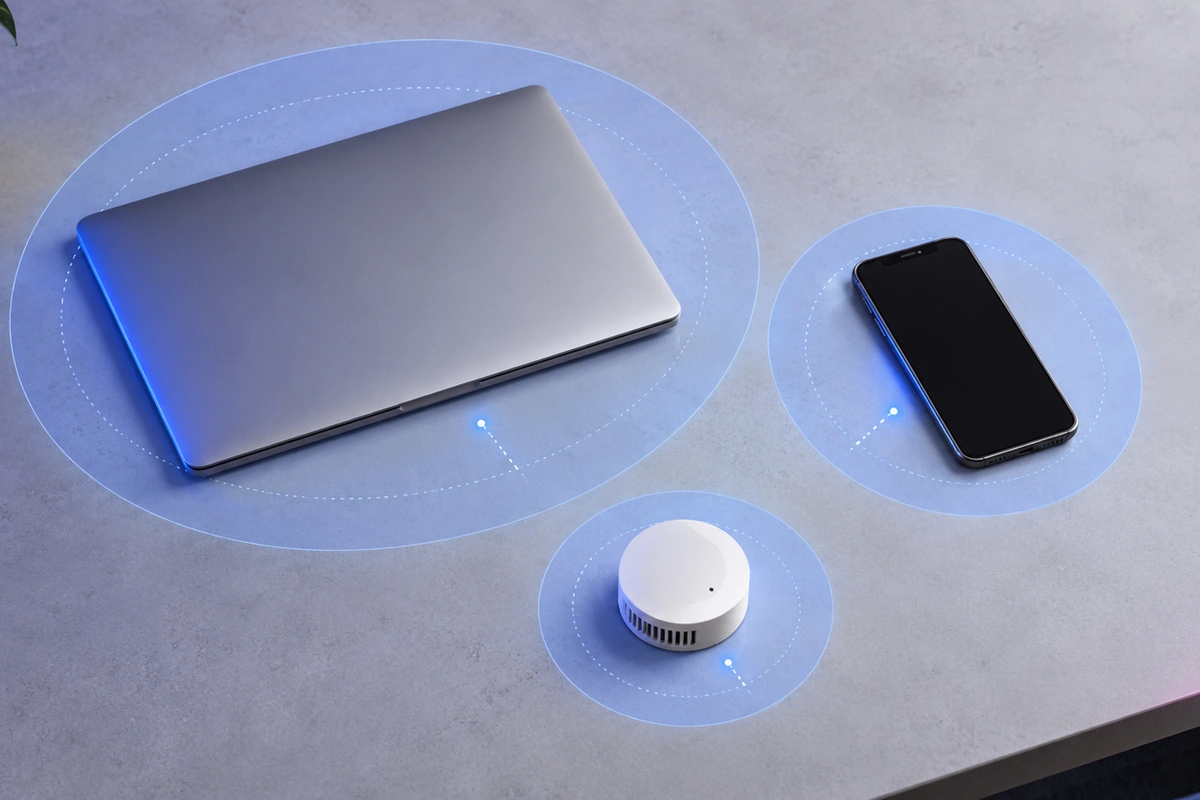 a laptop, phone, and sensor in separate access zones, with blue lighting and a pink accent.