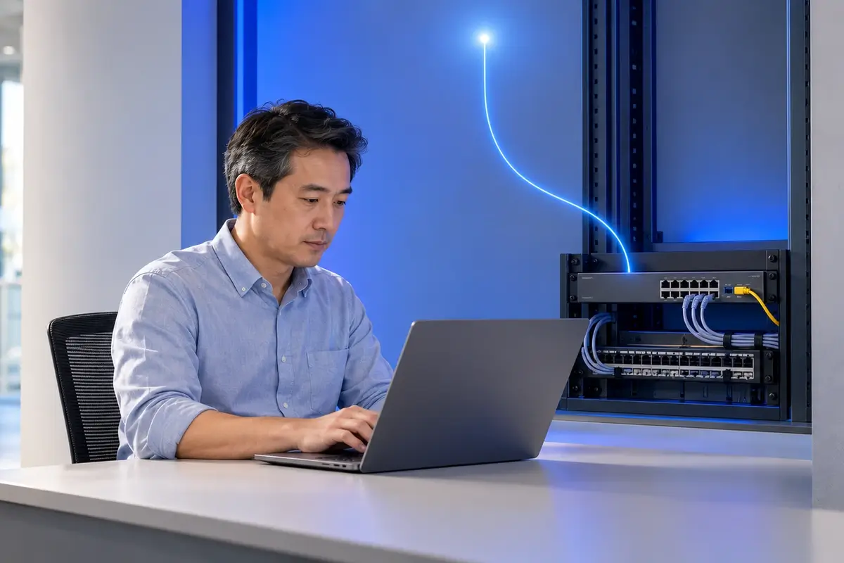 Engineer using a laptop beside network equipment, with a blue connection illustrating cloud authentication.