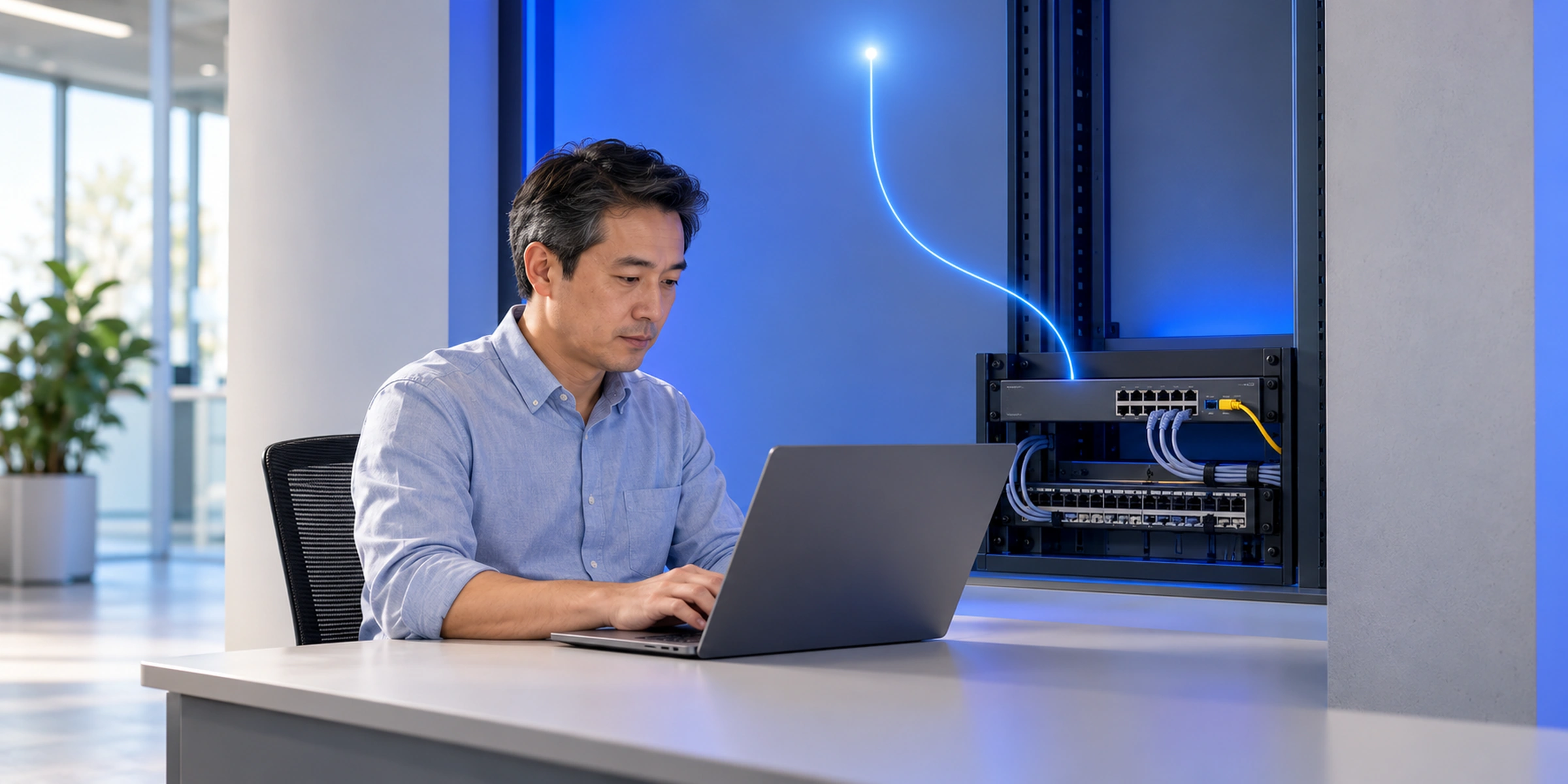 Engineer using a laptop beside network equipment, with a blue connection illustrating cloud authentication.