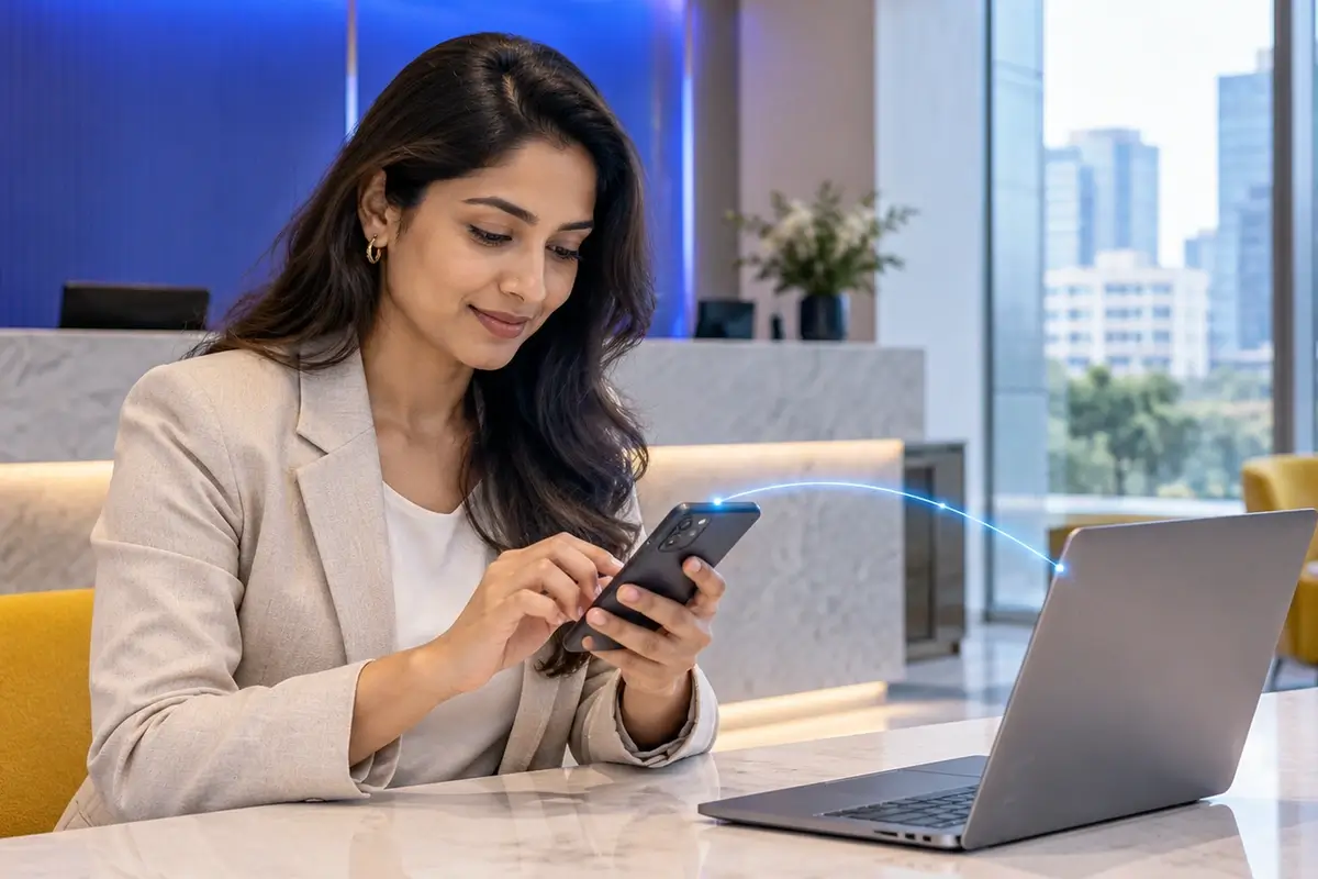 Business guest using a smartphone beside a laptop, with a blue connection illustrating guest Wi-Fi authentication.