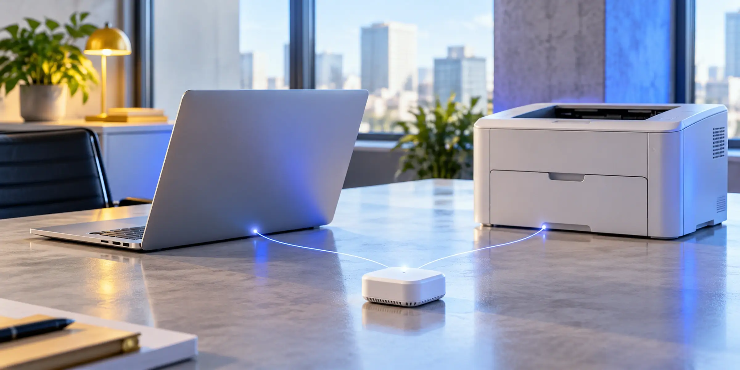 Laptop, office printer and connected sensor with blue connection traces illustrating device visibility.
