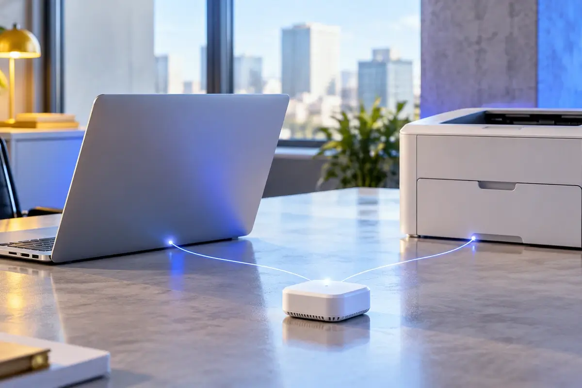 Laptop, office printer and connected sensor with blue connection traces illustrating device visibility.