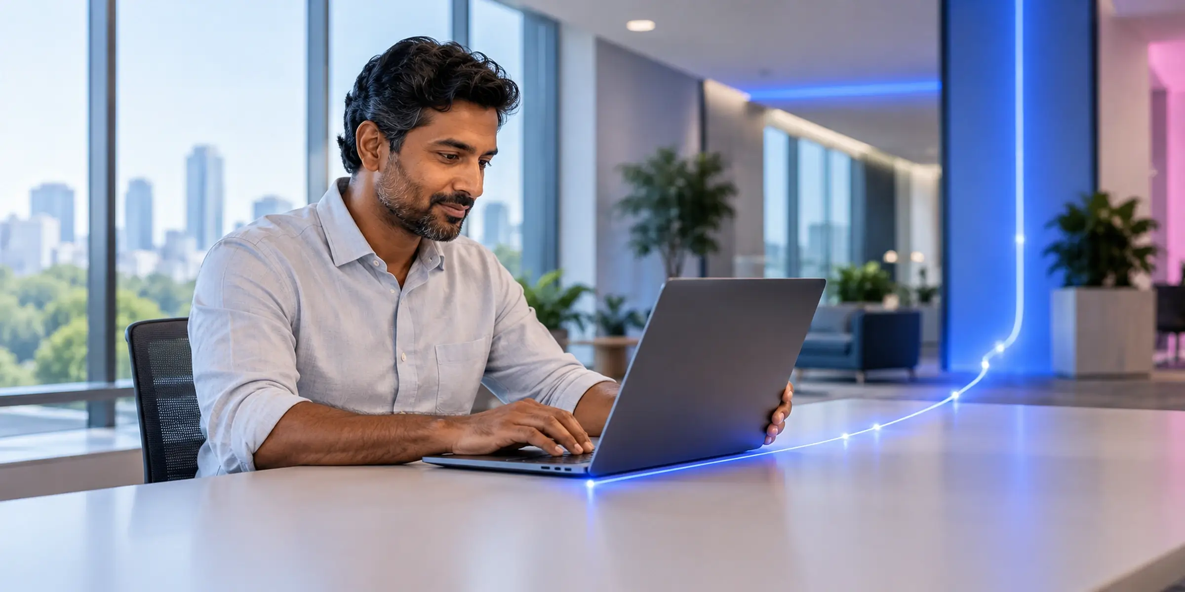 Man working on a laptop in an office, connecting to the corporate network with certificate-based access