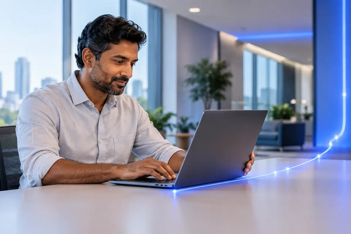 Man working on a laptop in an office, connecting to the corporate network with certificate-based access
