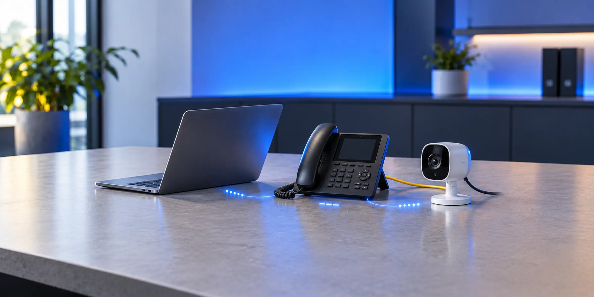 Laptop, VoIP desk phone, and IP security camera on an office desk, linked by blue light trails representing DHCP fingerprinting.