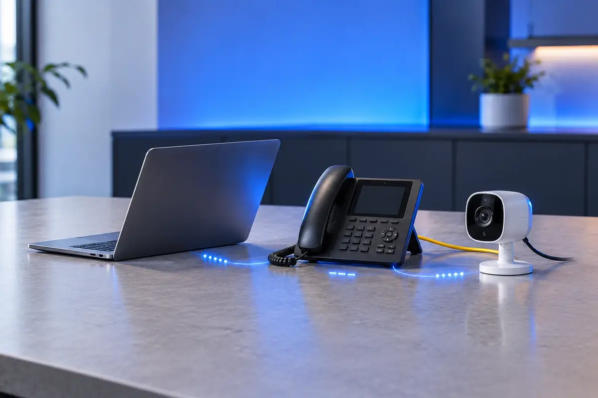 Laptop, VoIP desk phone, and IP security camera on an office desk, linked by blue light trails representing DHCP fingerprinting.