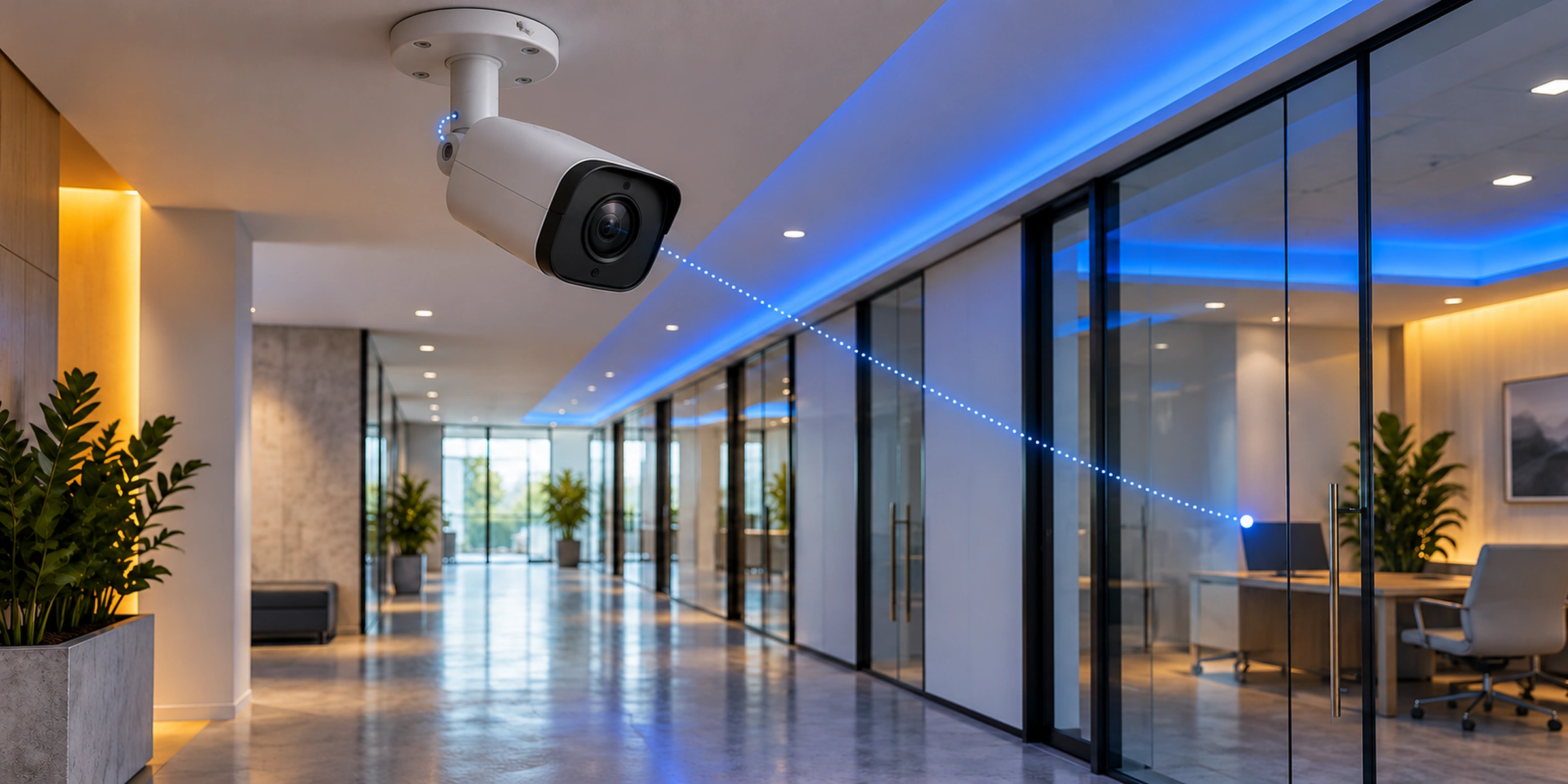 Ceiling-mounted security camera with a single blue connection path illustrating least-privilege network access.