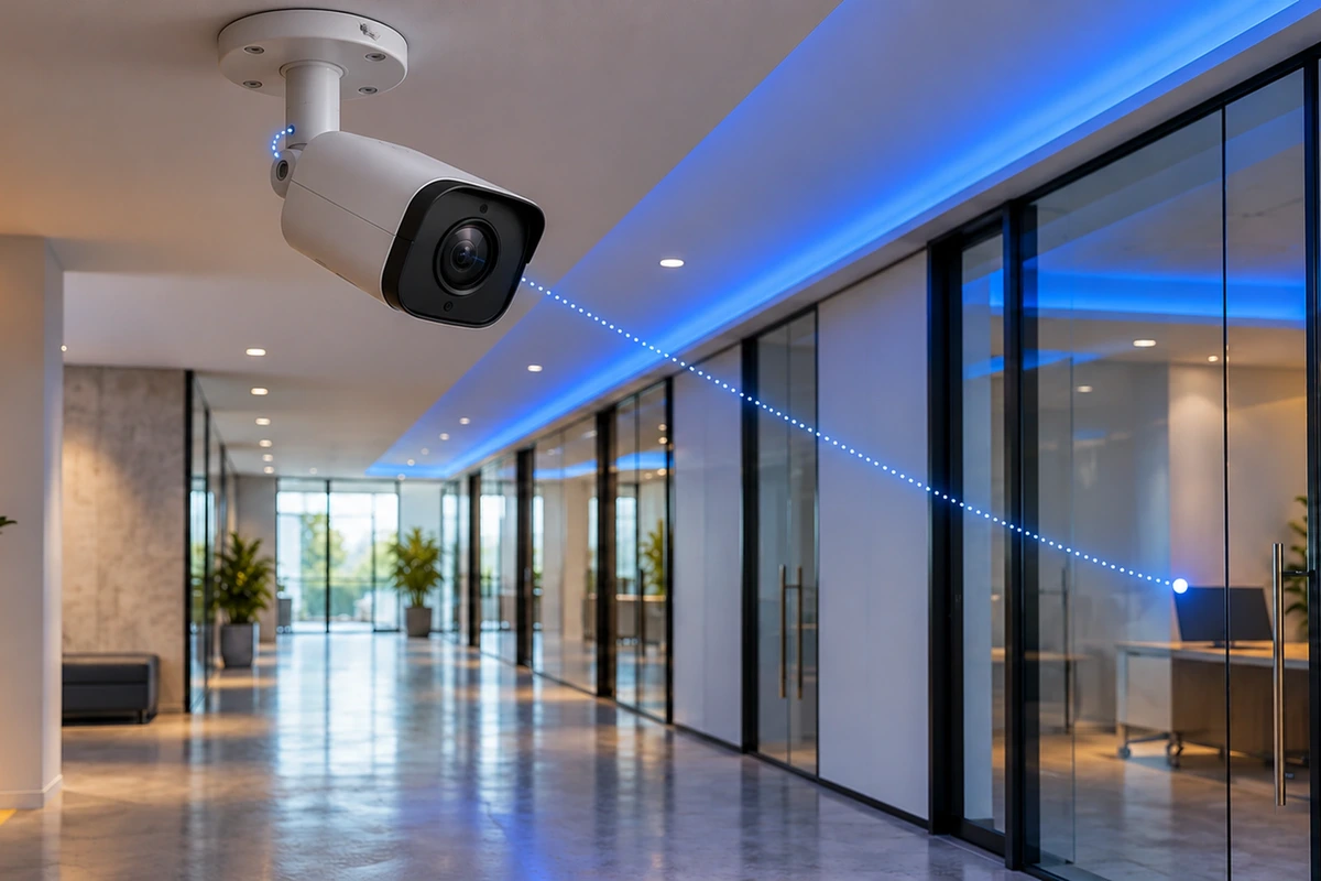 Ceiling-mounted security camera with a single blue connection path illustrating least-privilege network access.