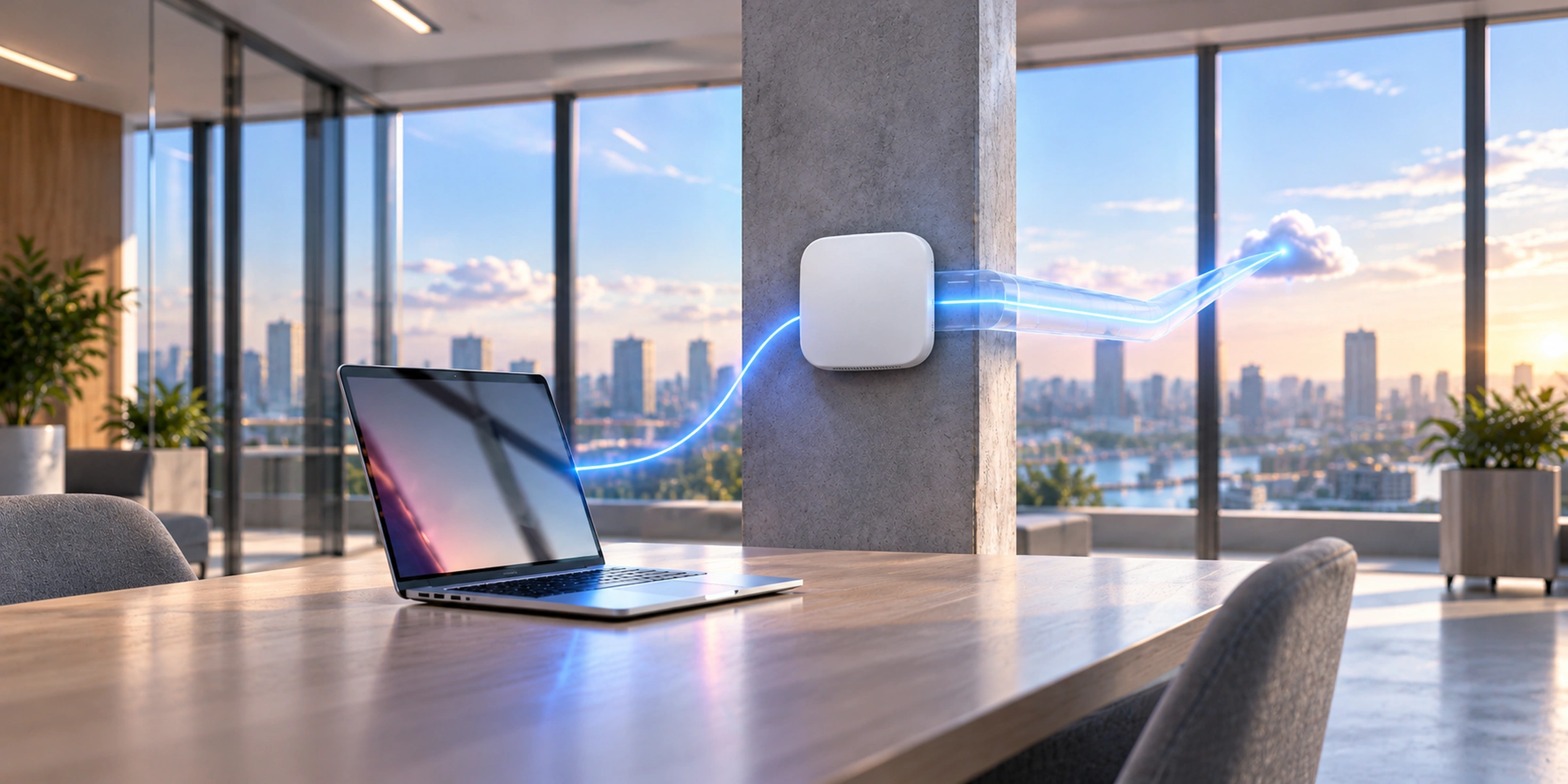 Laptop connected through an enterprise access point to a cloud, with a translucent blue sleeve illustrating RadSec transport protection.