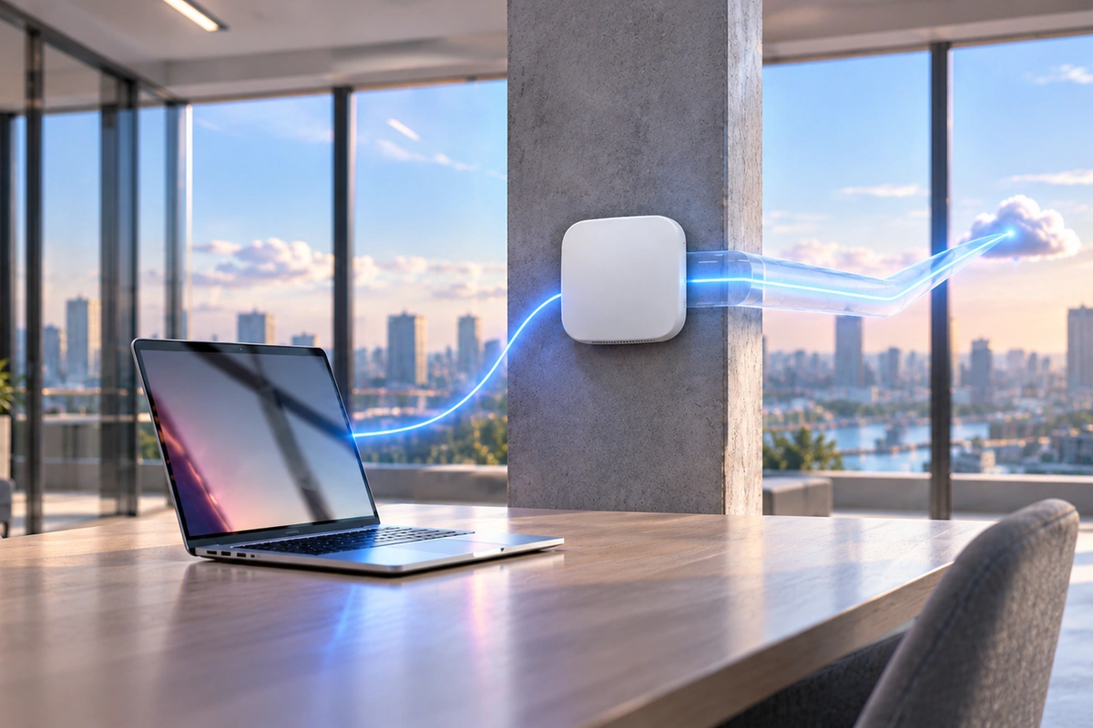 Laptop connected through an enterprise access point to a cloud, with a translucent blue sleeve illustrating RadSec transport protection.