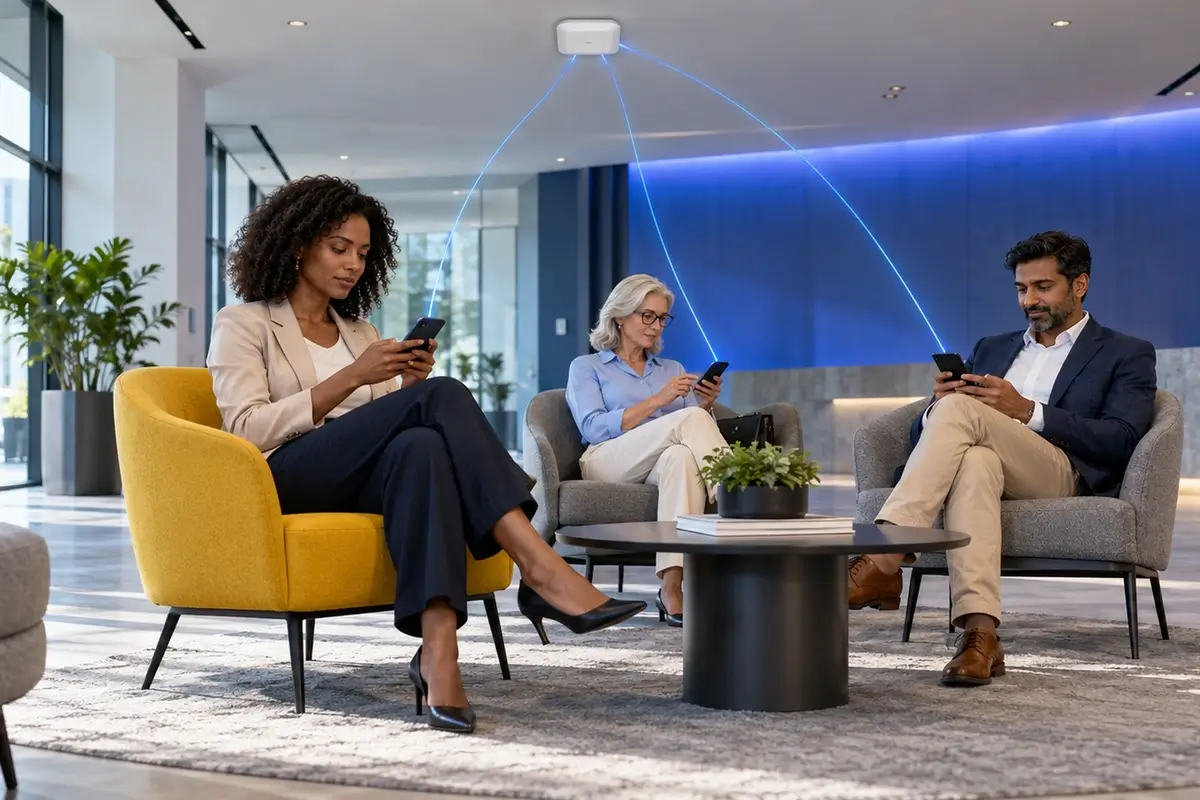 Three guests using smartphones in a business lounge, with blue connections illustrating guest Wi-Fi access.