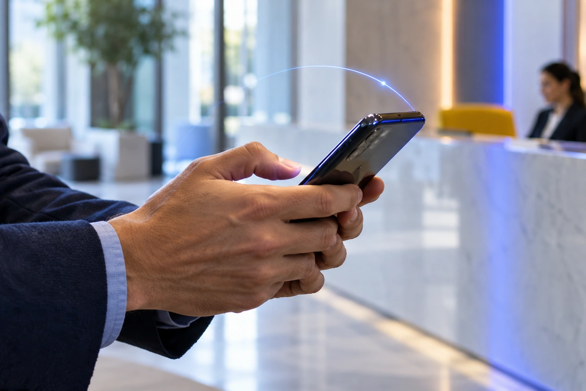 Guest using a smartphone in an office reception, with a subtle blue connection arc illustrating guest Wi‑Fi access.