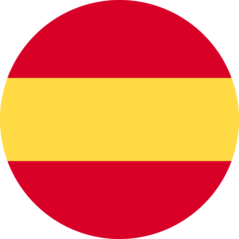 Circular icon of the flag of Spain with horizontal red, yellow, and red stripes.