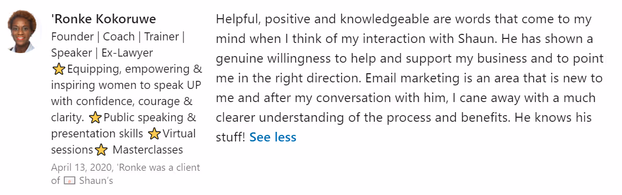 LinkedIn recommendation:  Ronke Korouwe