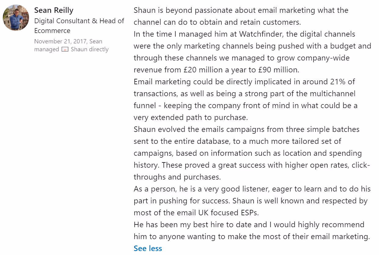 LinkedIn recommendation: Sean Reilly