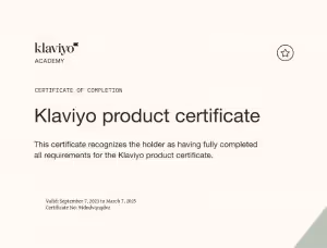 Klaviyo Product certifcate